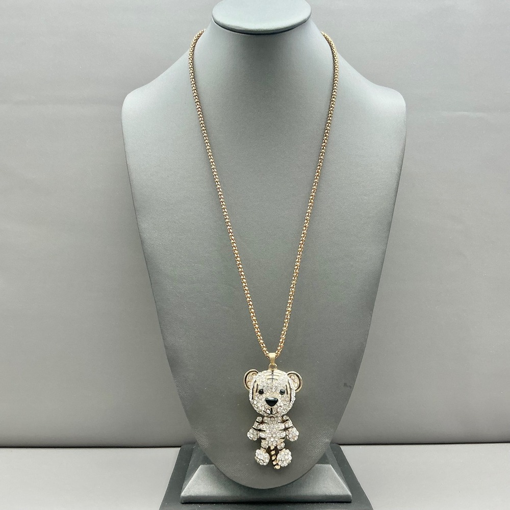 Tiger Bear Pendant Necklace Gold Tone Rhinestone Crystal Long Pop Art Style
